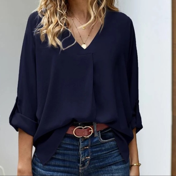 Classic navy v neck high low button sleeve blouse - Picture 5 of 5